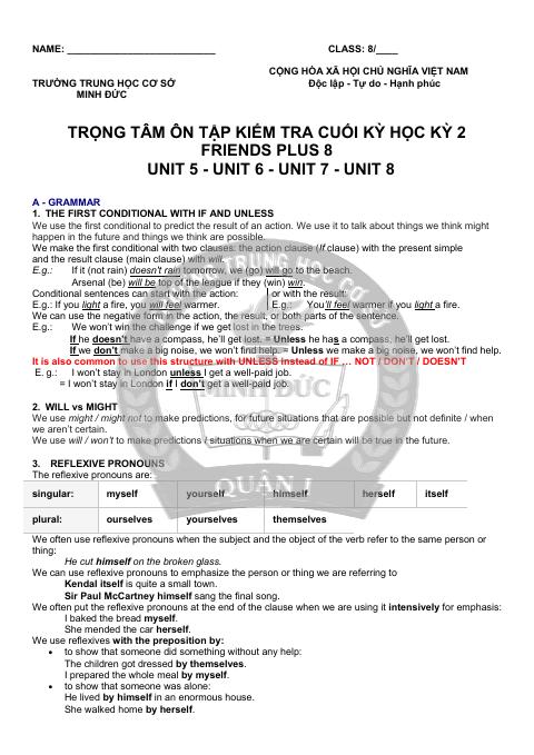 Đề cương ôn tập Học kì 2 Tiếng Anh 8 năm 2025–2026 trường THCS Minh Đức (TP Hồ Chí Minh)